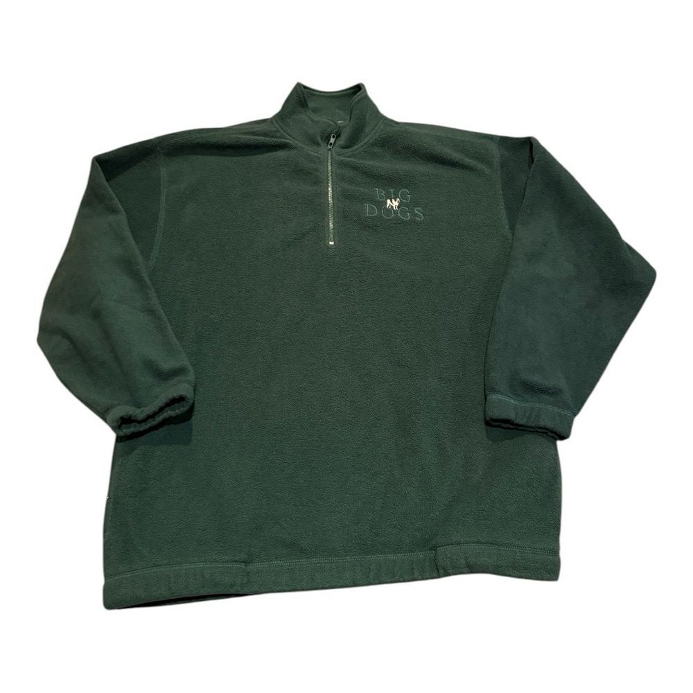 Vintage Big Dogs Men's Lg Dark Green Fleece Quarter Zip Pullover 90s Logo Front